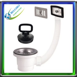 Piletta di Scarico con Troppo Pieno Rettangolare 1" 1/2 per Lavello in Acciaio Inox